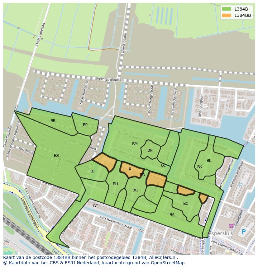 Afbeelding van het postcodegebied 1384 BB op de kaart.