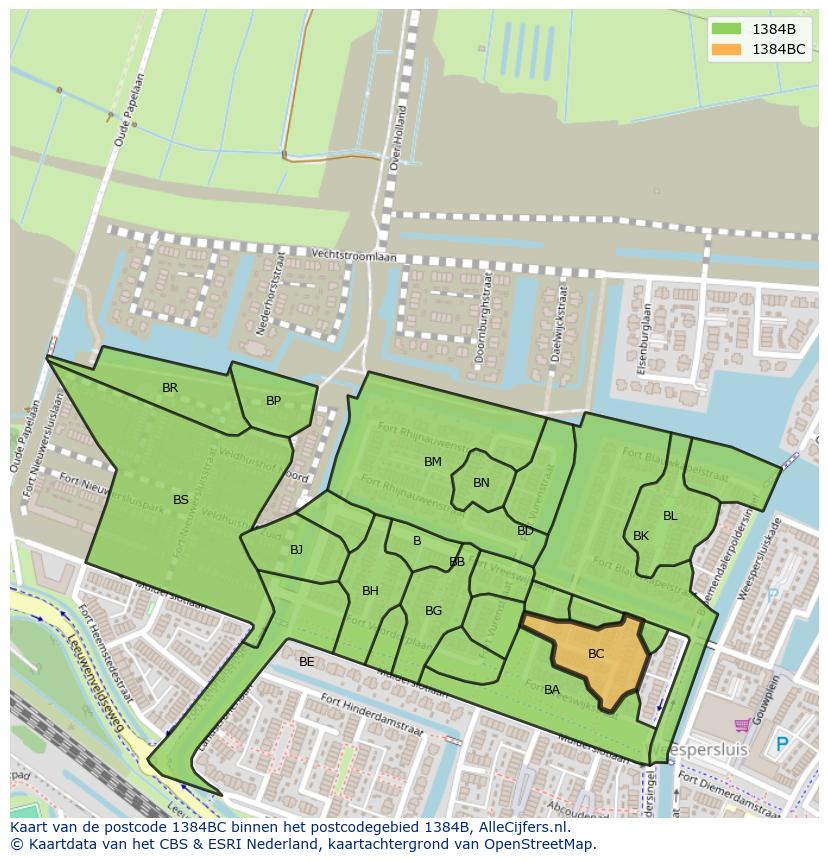 Afbeelding van het postcodegebied 1384 BC op de kaart.