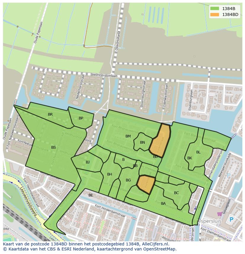 Afbeelding van het postcodegebied 1384 BD op de kaart.