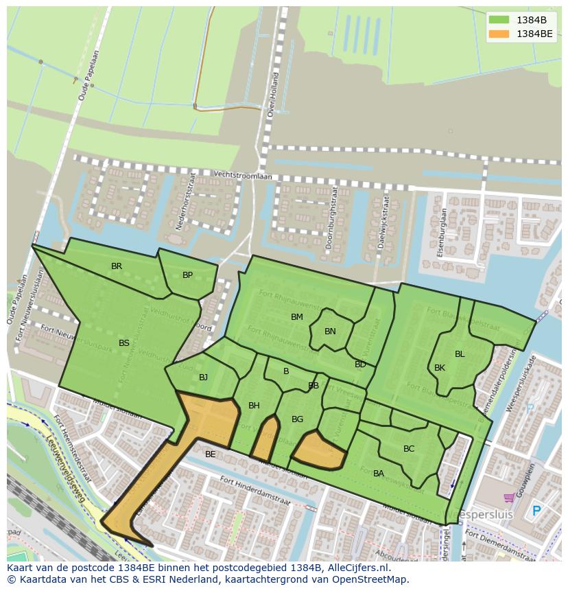 Afbeelding van het postcodegebied 1384 BE op de kaart.