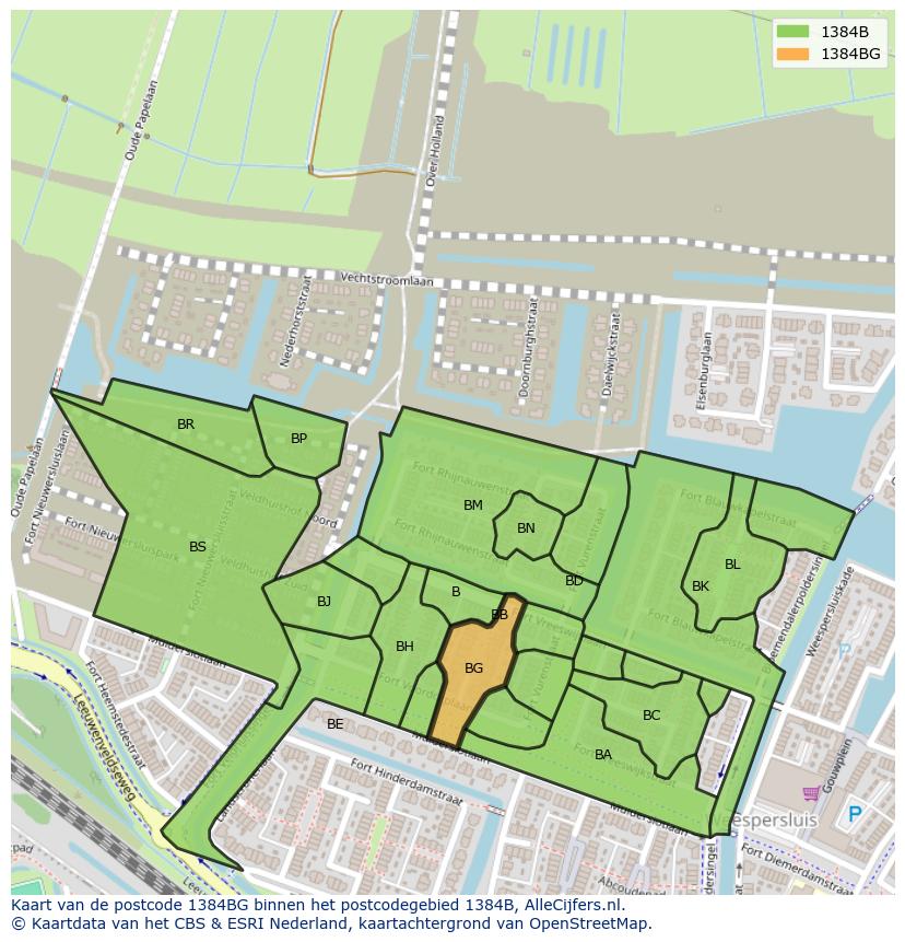 Afbeelding van het postcodegebied 1384 BG op de kaart.
