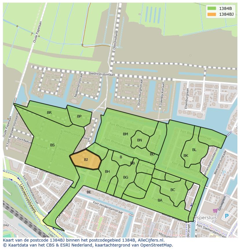 Afbeelding van het postcodegebied 1384 BJ op de kaart.