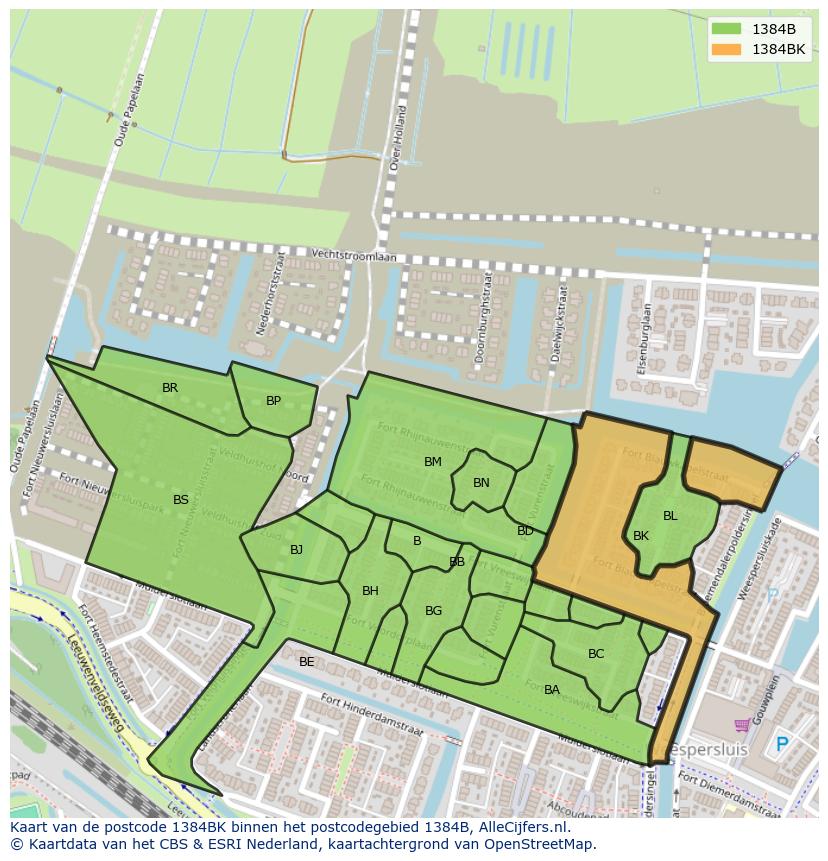 Afbeelding van het postcodegebied 1384 BK op de kaart.