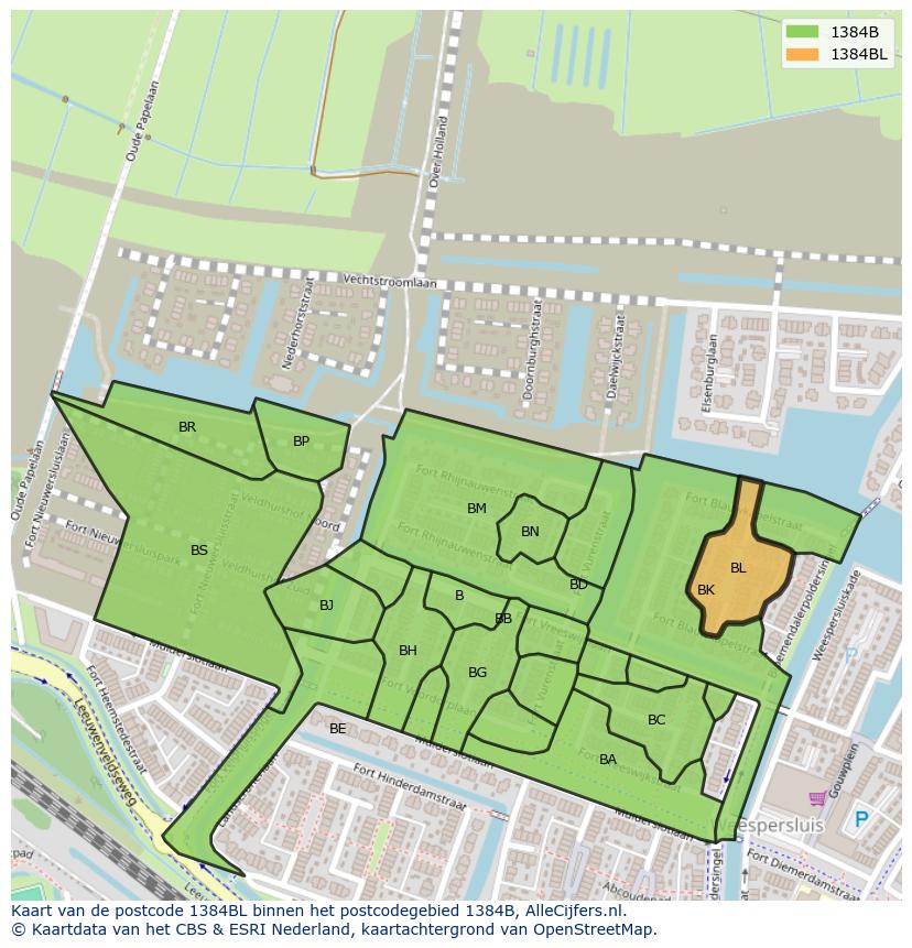 Afbeelding van het postcodegebied 1384 BL op de kaart.