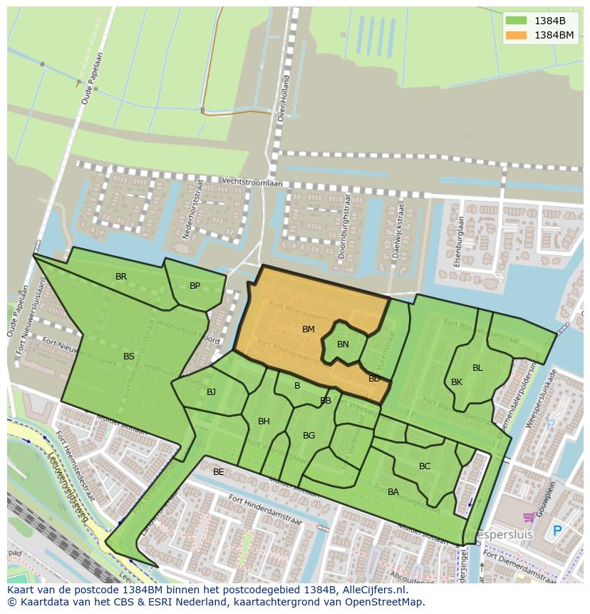 Afbeelding van het postcodegebied 1384 BM op de kaart.