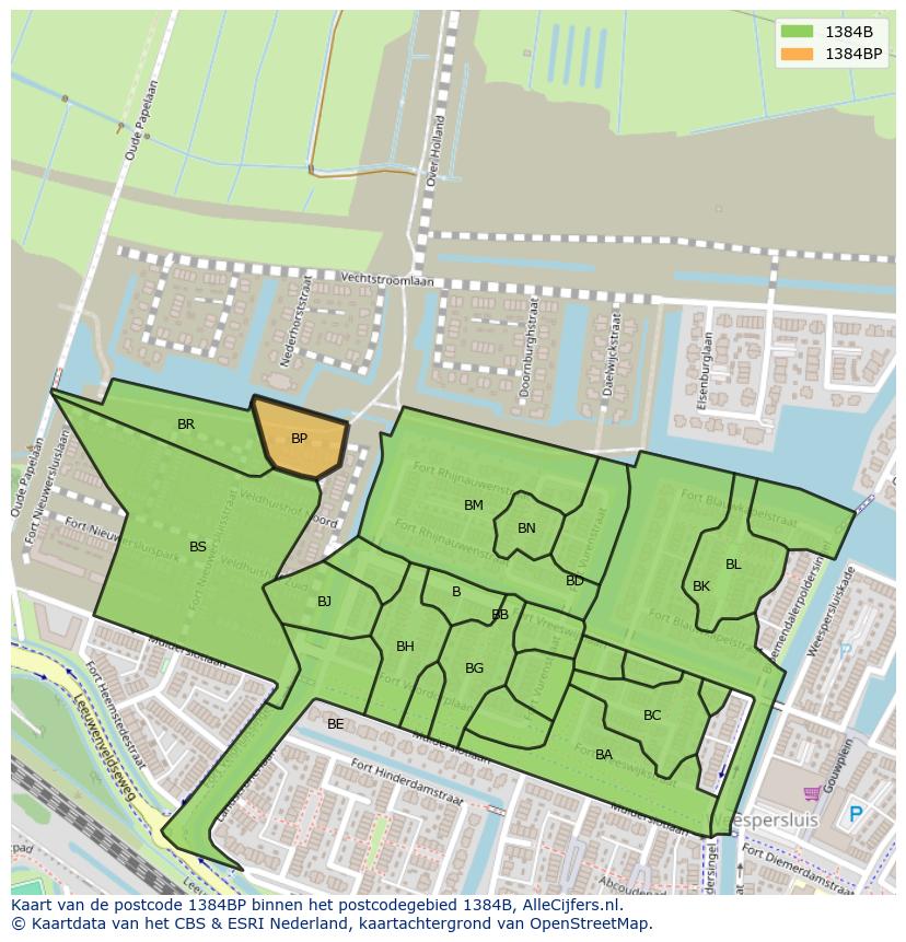 Afbeelding van het postcodegebied 1384 BP op de kaart.