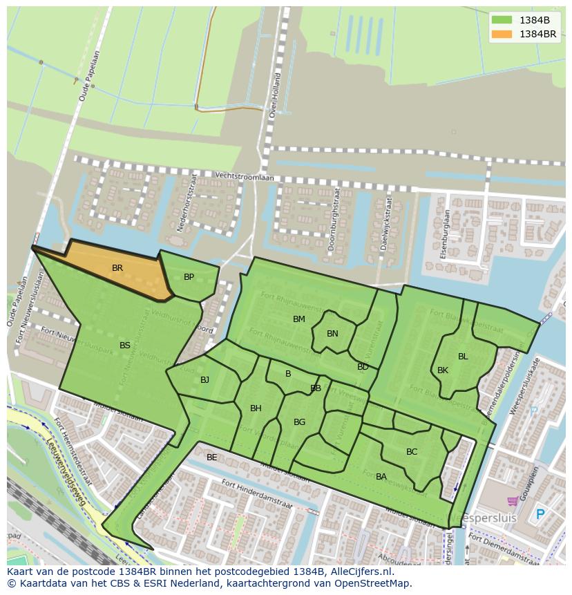 Afbeelding van het postcodegebied 1384 BR op de kaart.