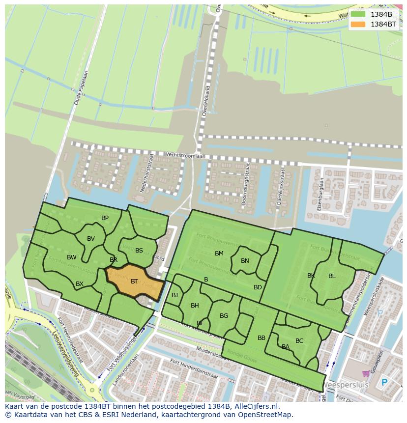 Afbeelding van het postcodegebied 1384 BT op de kaart.