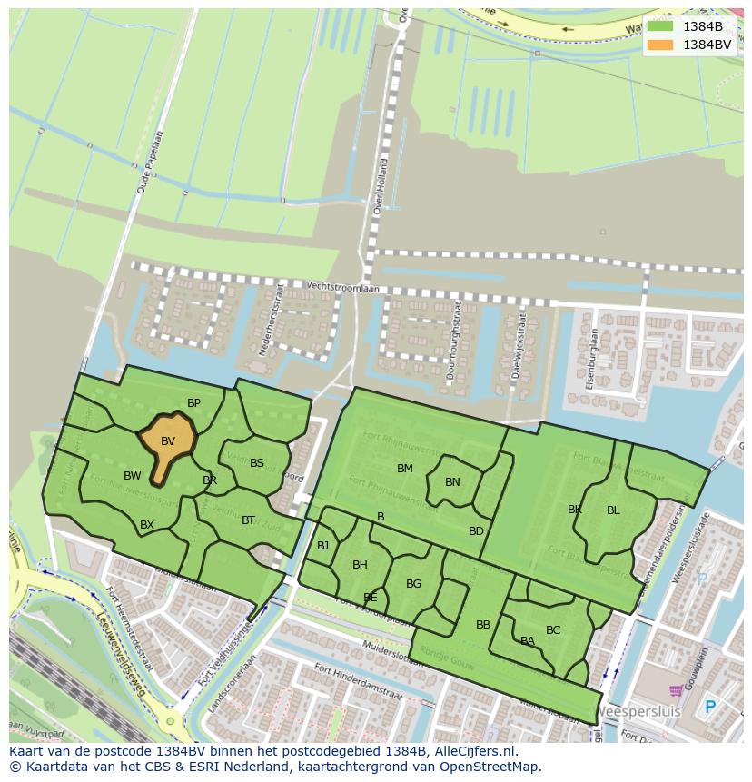 Afbeelding van het postcodegebied 1384 BV op de kaart.