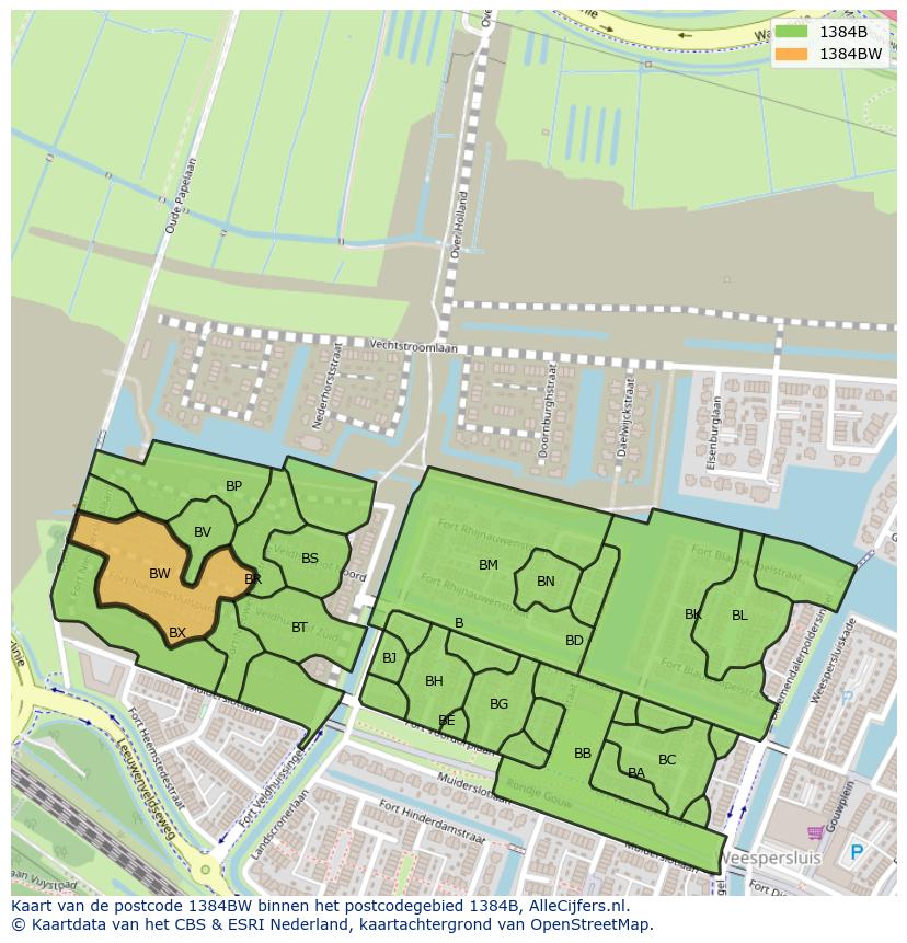 Afbeelding van het postcodegebied 1384 BW op de kaart.