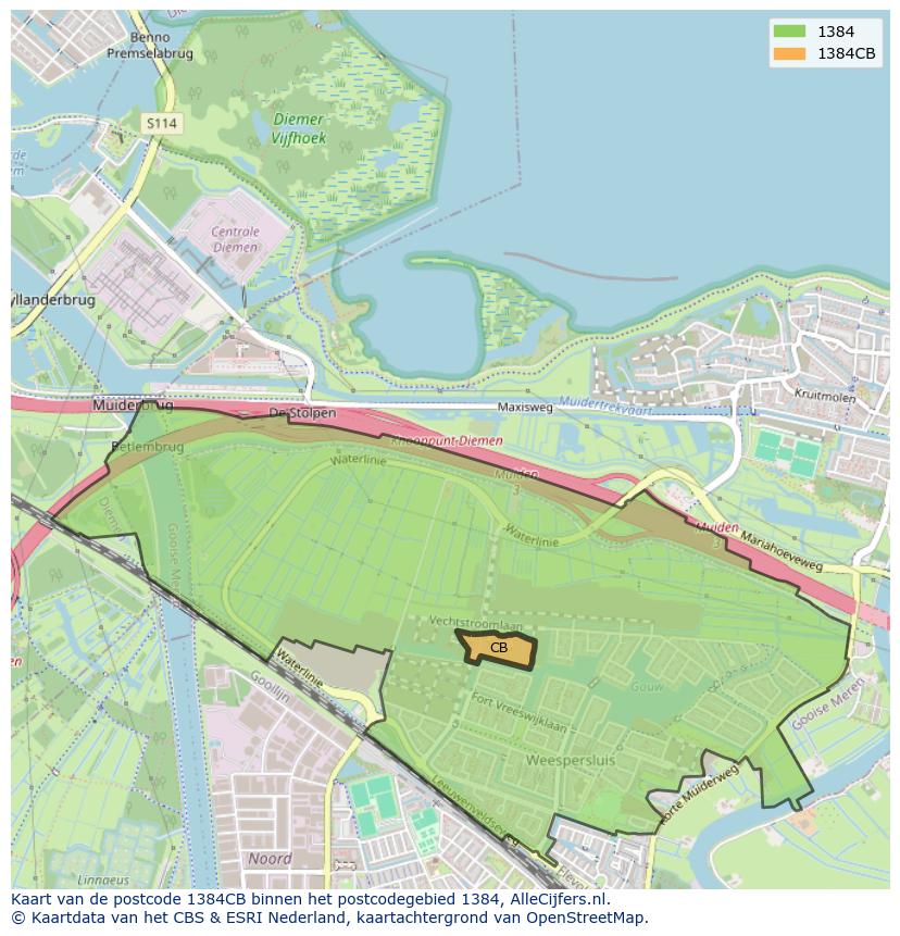 Afbeelding van het postcodegebied 1384 CB op de kaart.