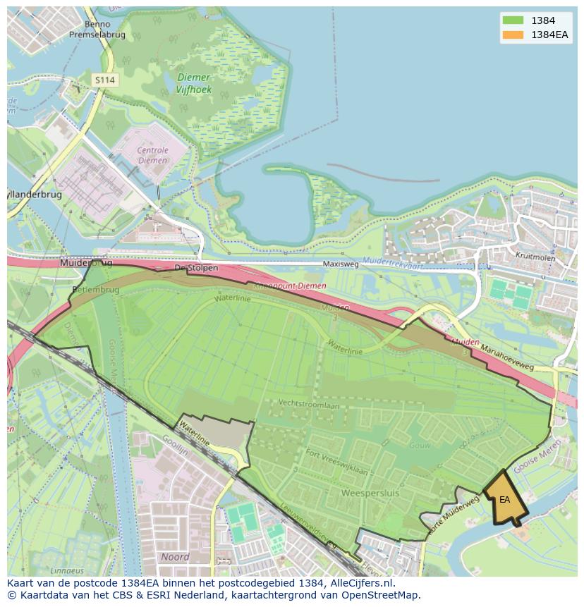Afbeelding van het postcodegebied 1384 EA op de kaart.