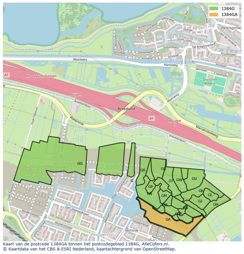 Afbeelding van het postcodegebied 1384 GA op de kaart.