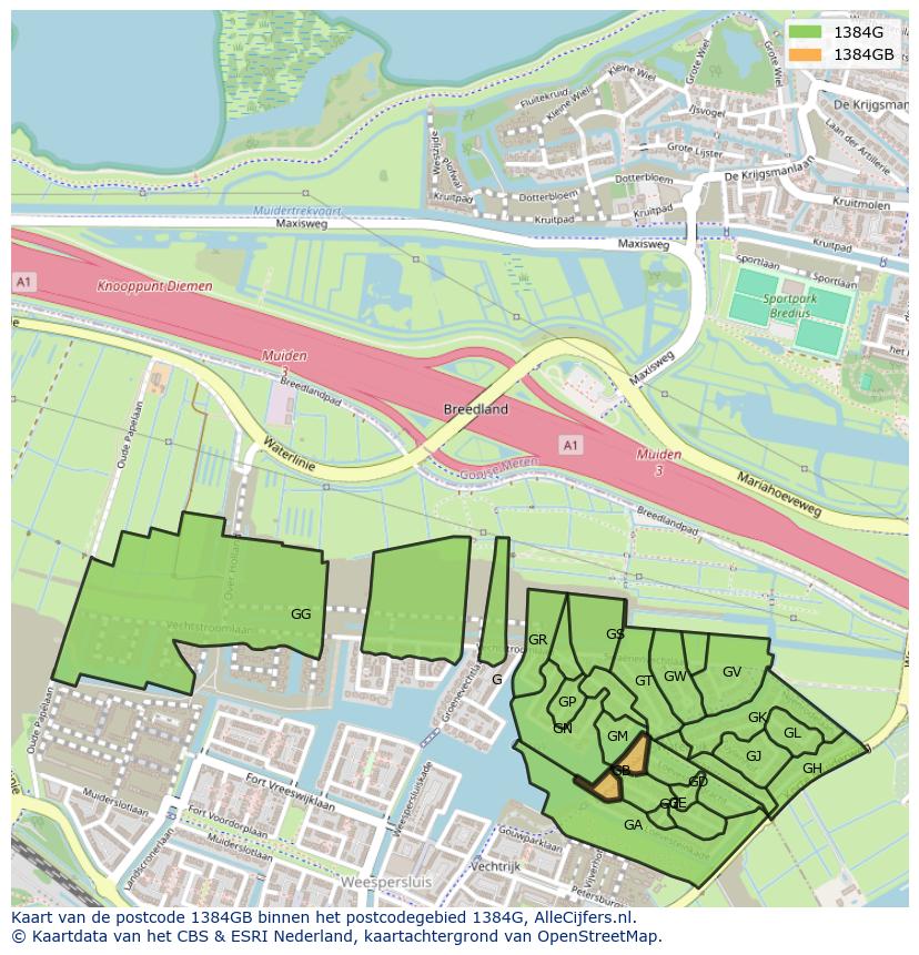 Afbeelding van het postcodegebied 1384 GB op de kaart.