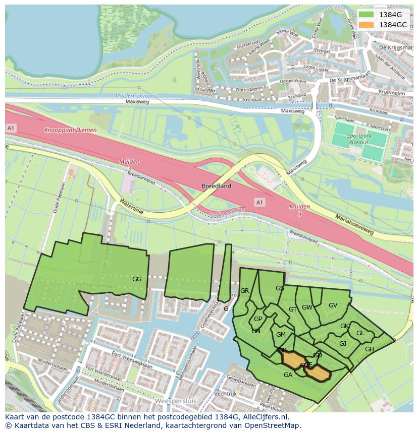 Afbeelding van het postcodegebied 1384 GC op de kaart.