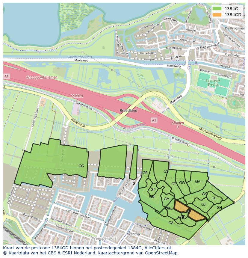 Afbeelding van het postcodegebied 1384 GD op de kaart.