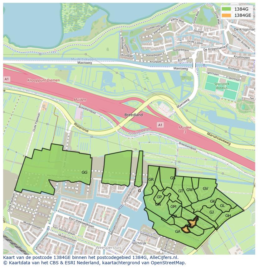 Afbeelding van het postcodegebied 1384 GE op de kaart.