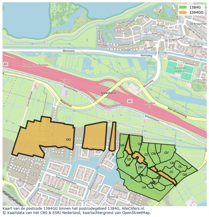 Afbeelding van het postcodegebied 1384 GG op de kaart.