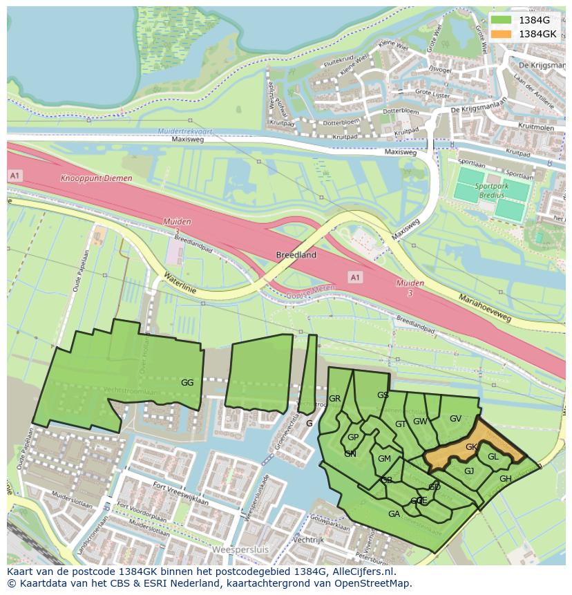 Afbeelding van het postcodegebied 1384 GK op de kaart.