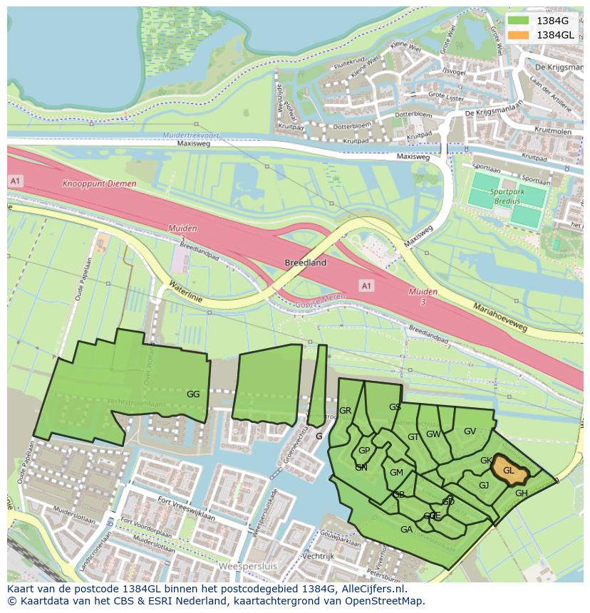 Afbeelding van het postcodegebied 1384 GL op de kaart.