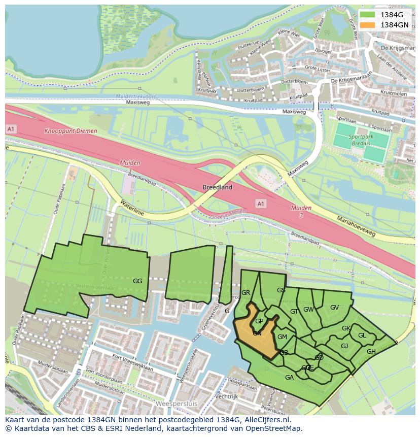 Afbeelding van het postcodegebied 1384 GN op de kaart.