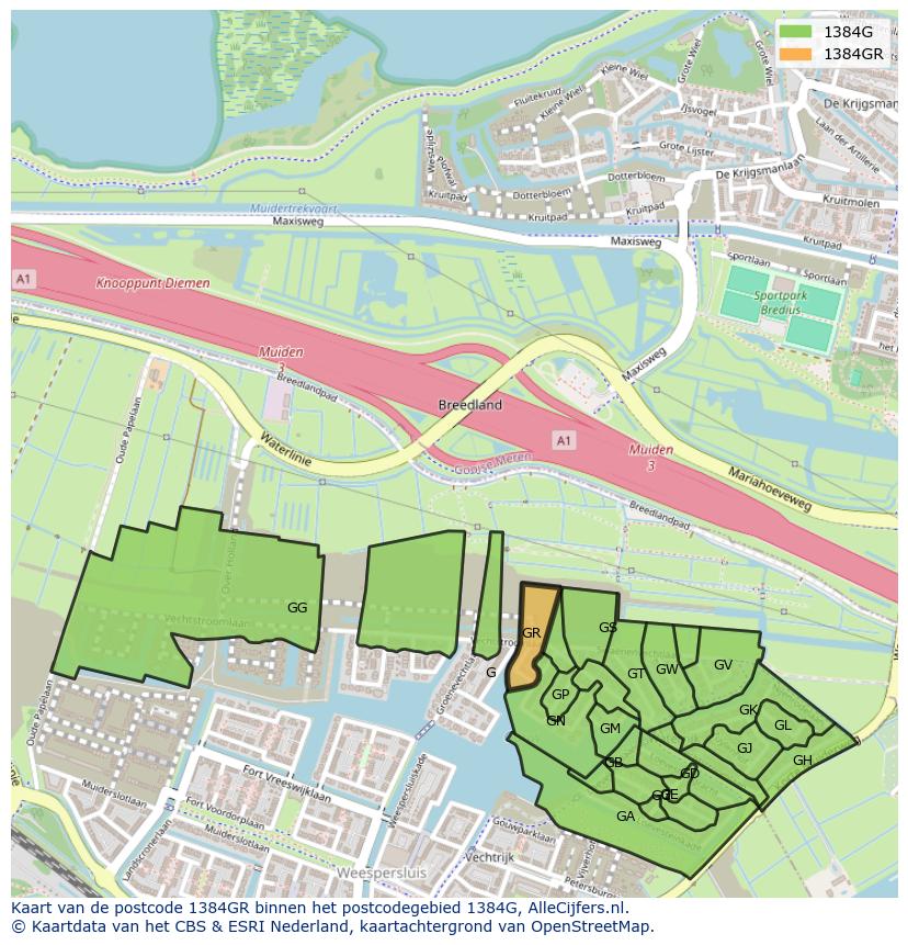 Afbeelding van het postcodegebied 1384 GR op de kaart.