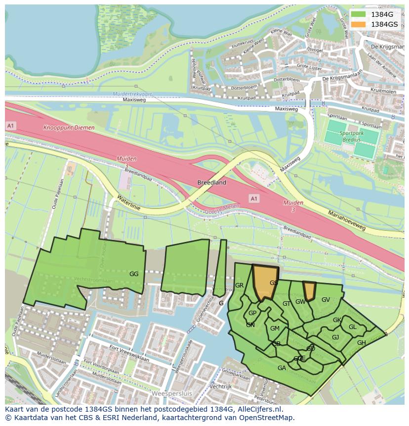 Afbeelding van het postcodegebied 1384 GS op de kaart.