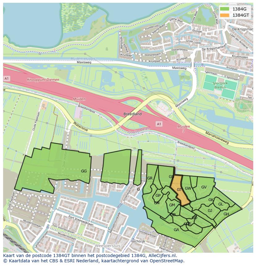 Afbeelding van het postcodegebied 1384 GT op de kaart.