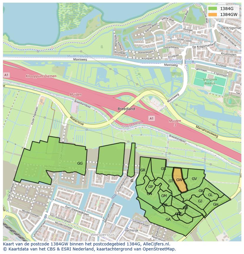 Afbeelding van het postcodegebied 1384 GW op de kaart.