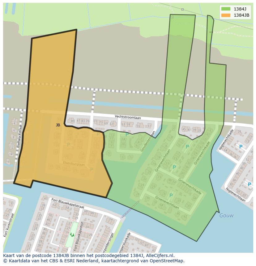 Afbeelding van het postcodegebied 1384 JB op de kaart.
