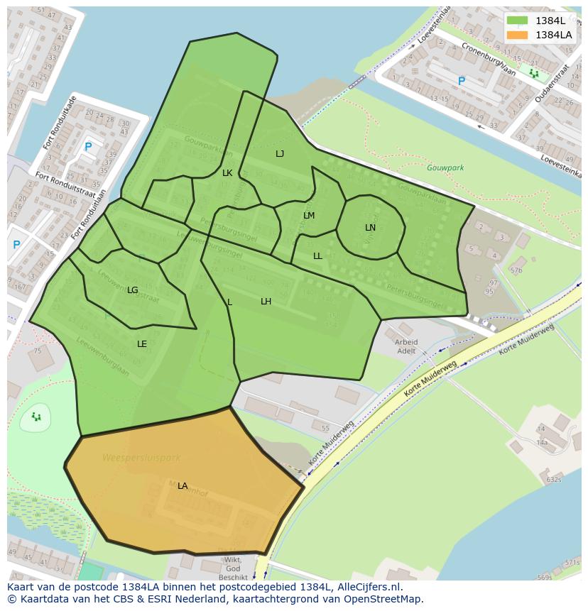 Afbeelding van het postcodegebied 1384 LA op de kaart.