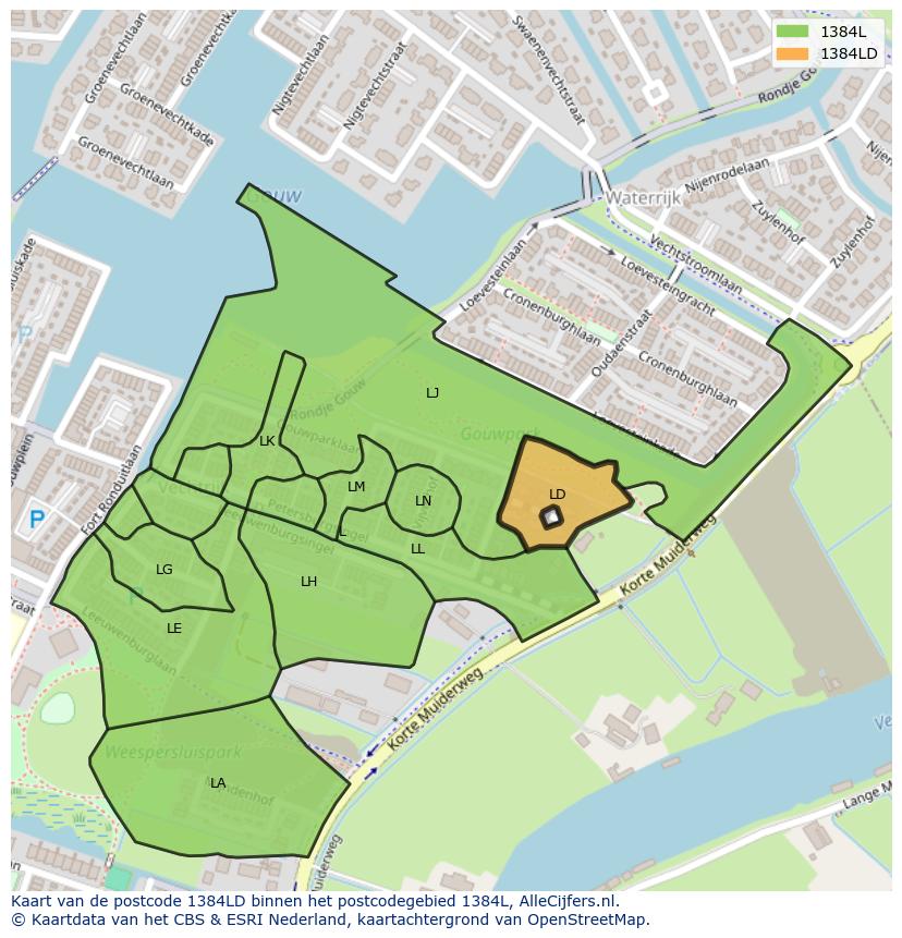 Afbeelding van het postcodegebied 1384 LD op de kaart.