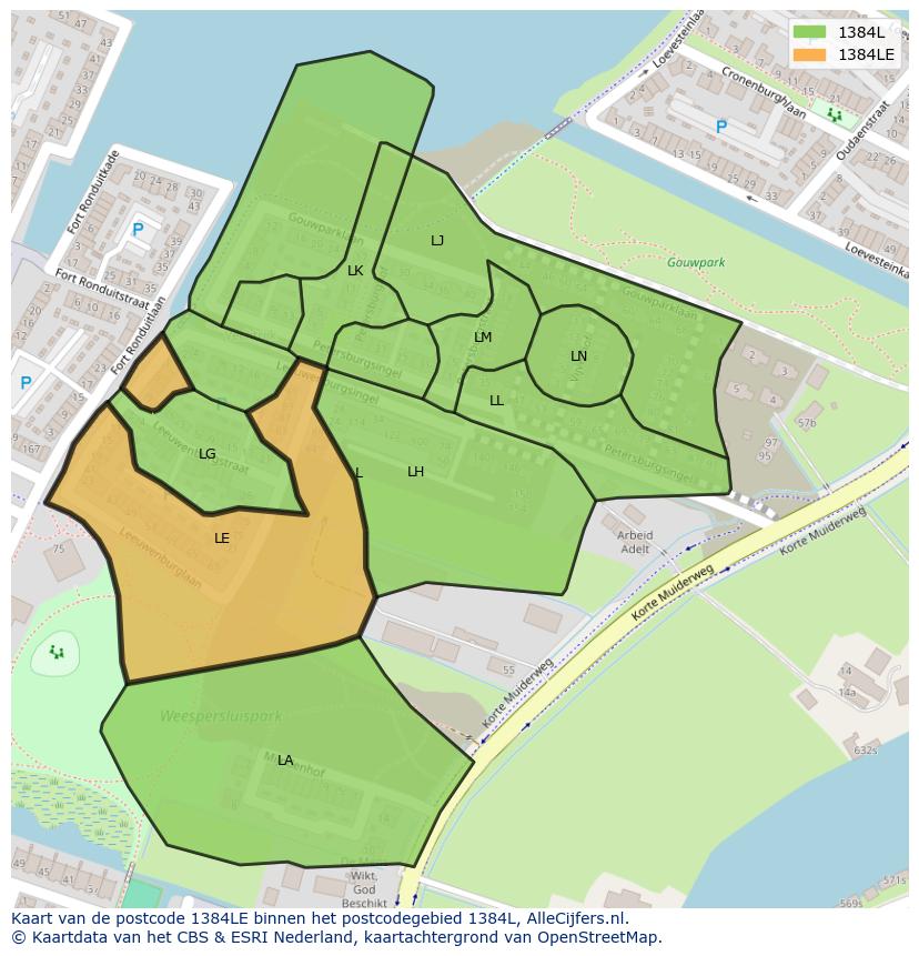Afbeelding van het postcodegebied 1384 LE op de kaart.