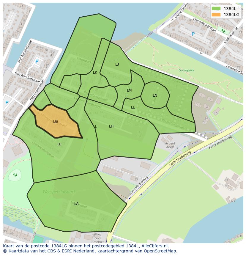 Afbeelding van het postcodegebied 1384 LG op de kaart.