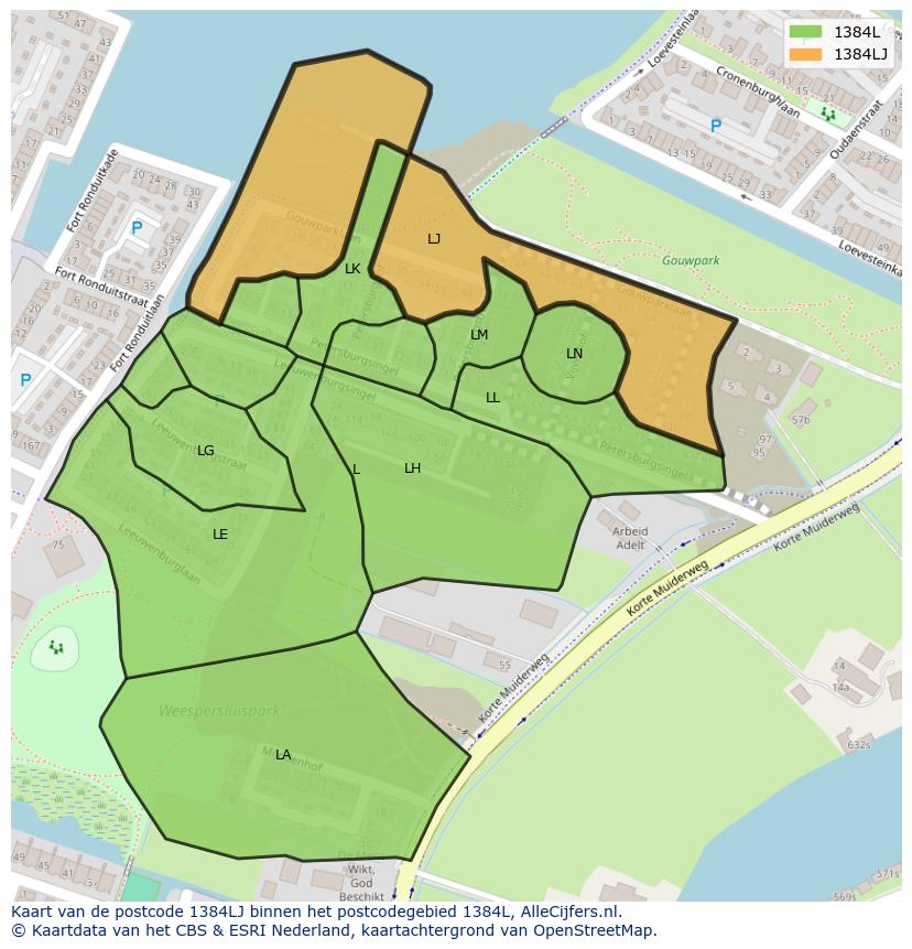 Afbeelding van het postcodegebied 1384 LJ op de kaart.