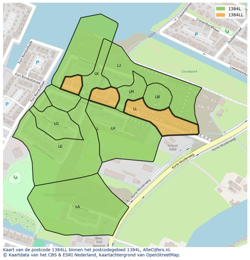 Afbeelding van het postcodegebied 1384 LL op de kaart.