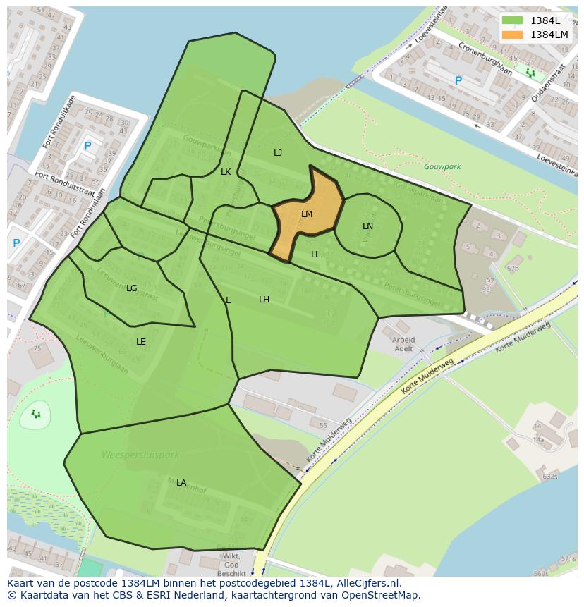 Afbeelding van het postcodegebied 1384 LM op de kaart.