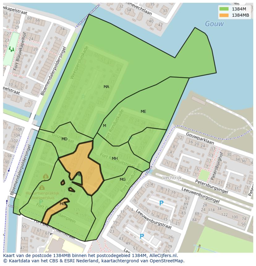 Afbeelding van het postcodegebied 1384 MB op de kaart.