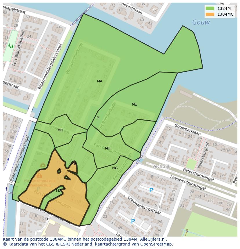 Afbeelding van het postcodegebied 1384 MC op de kaart.