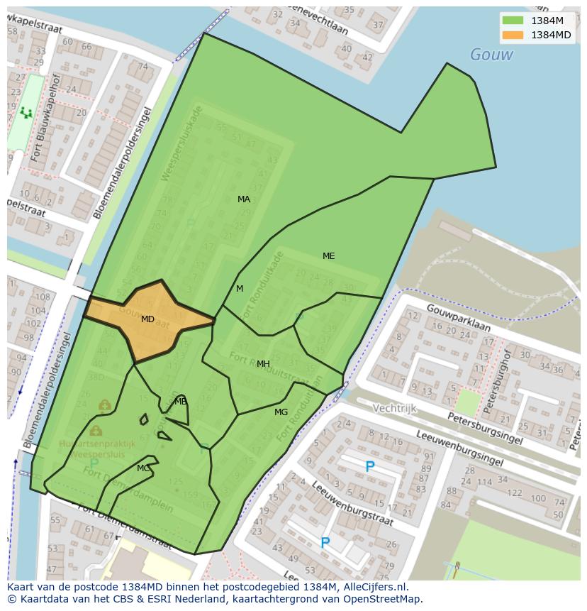 Afbeelding van het postcodegebied 1384 MD op de kaart.