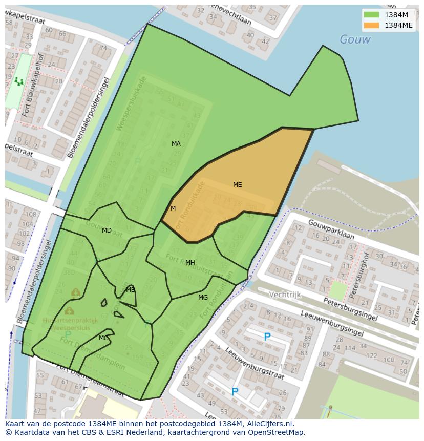 Afbeelding van het postcodegebied 1384 ME op de kaart.