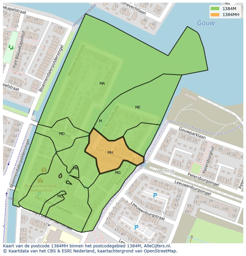 Afbeelding van het postcodegebied 1384 MH op de kaart.