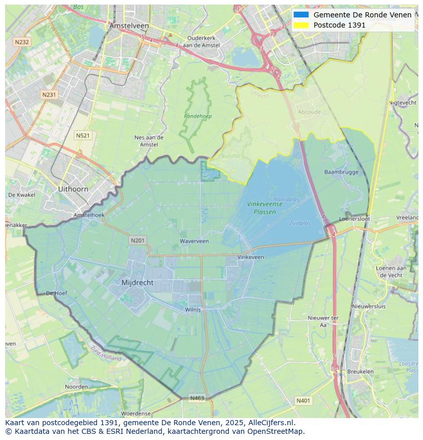 Afbeelding van het postcodegebied 1391 op de kaart.