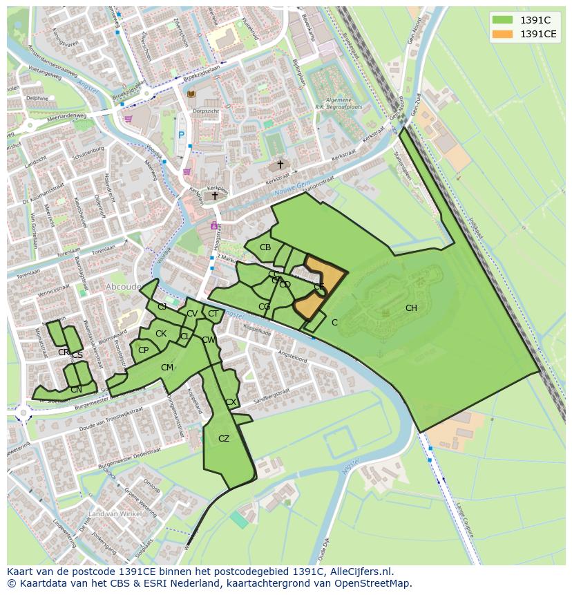 Afbeelding van het postcodegebied 1391 CE op de kaart.
