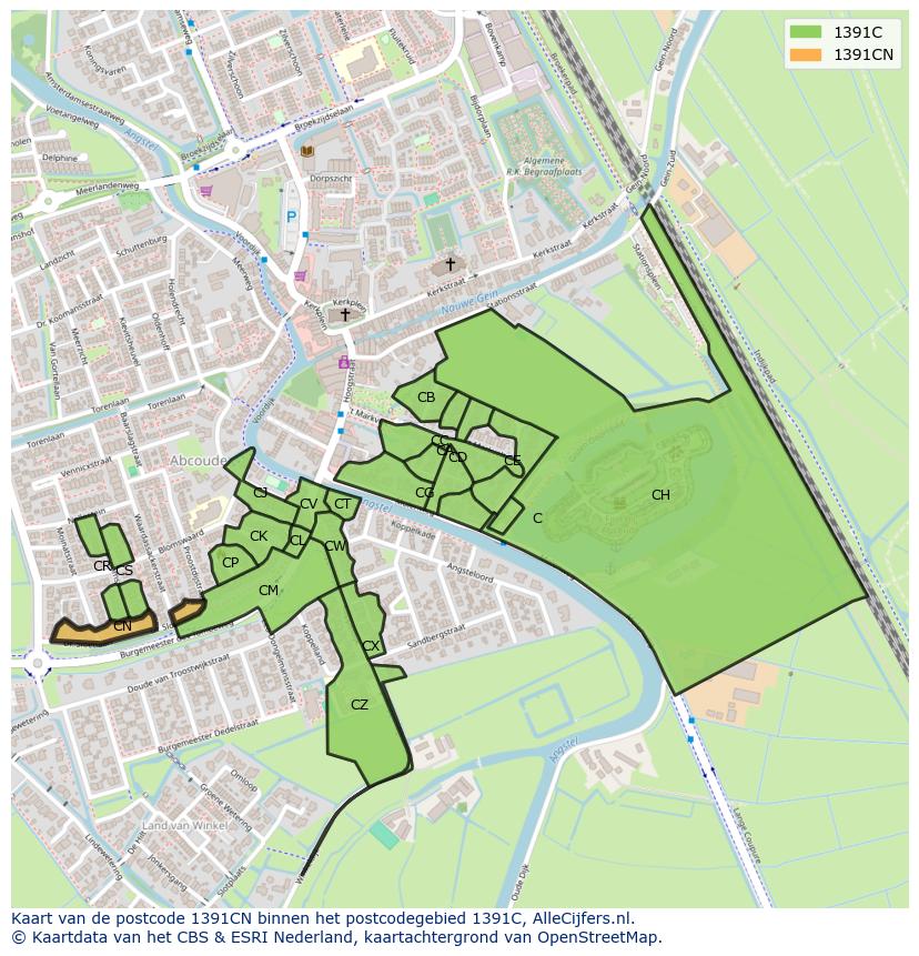 Afbeelding van het postcodegebied 1391 CN op de kaart.