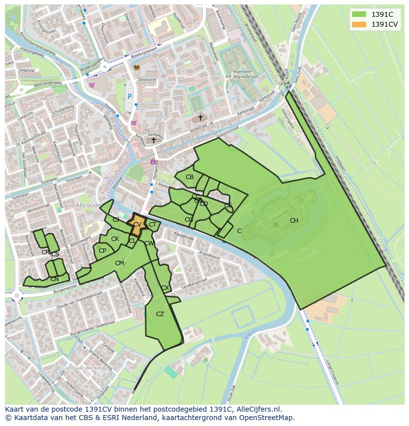 Afbeelding van het postcodegebied 1391 CV op de kaart.