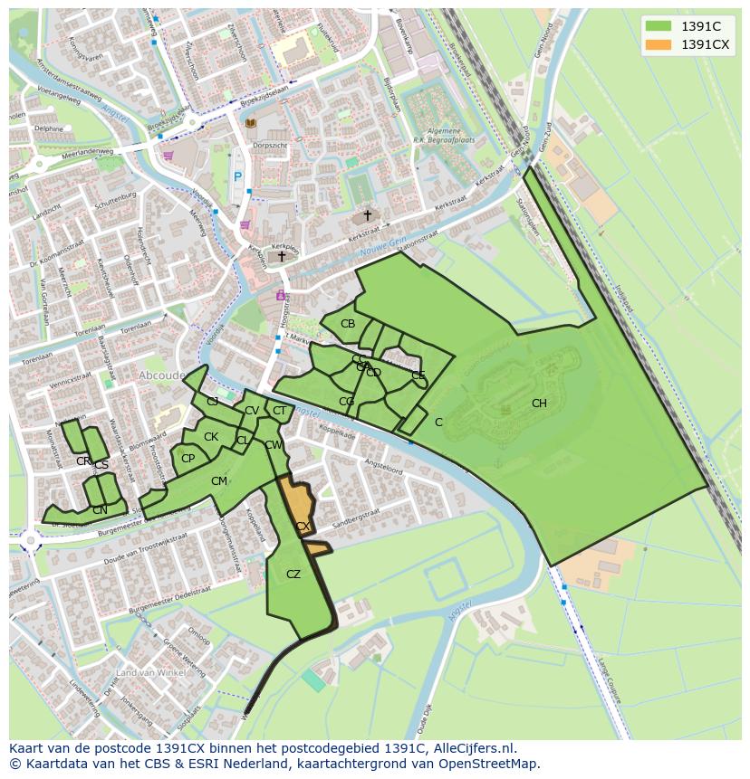 Afbeelding van het postcodegebied 1391 CX op de kaart.