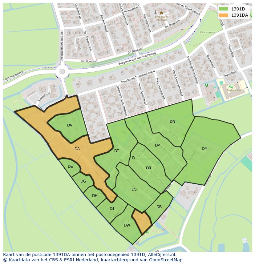 Afbeelding van het postcodegebied 1391 DA op de kaart.