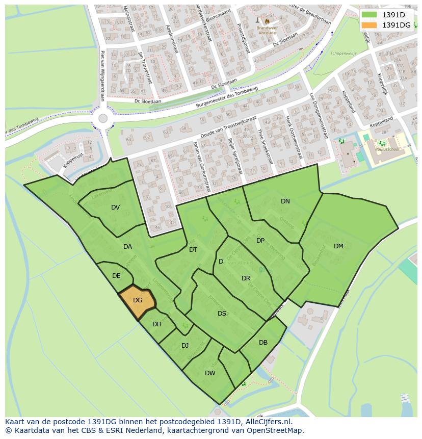 Afbeelding van het postcodegebied 1391 DG op de kaart.