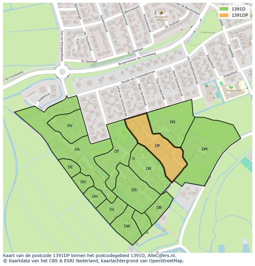 Afbeelding van het postcodegebied 1391 DP op de kaart.